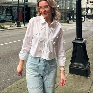 Women's Long Sleeve Cropped Bow Button-Down Shirt - Wild Fable ~ White Sz XXL